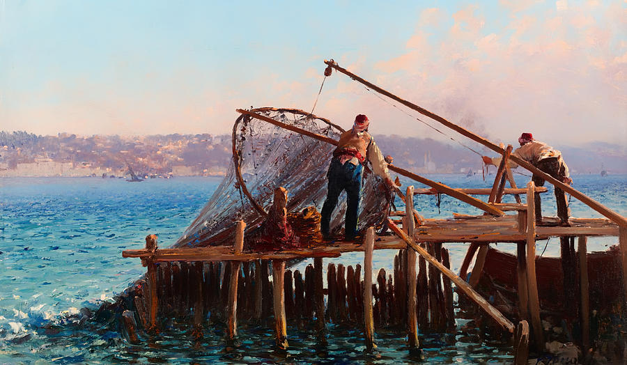 Vintage Painting - Fishermen Bringing in the Catch #1 by Mountain Dreams