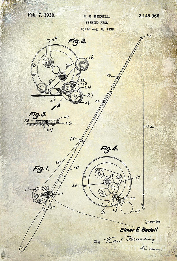 Fly Fishing Reel Tackle Rod Patent Drawing 1924 Retro Metal Tin Sign 8x12" NEW 