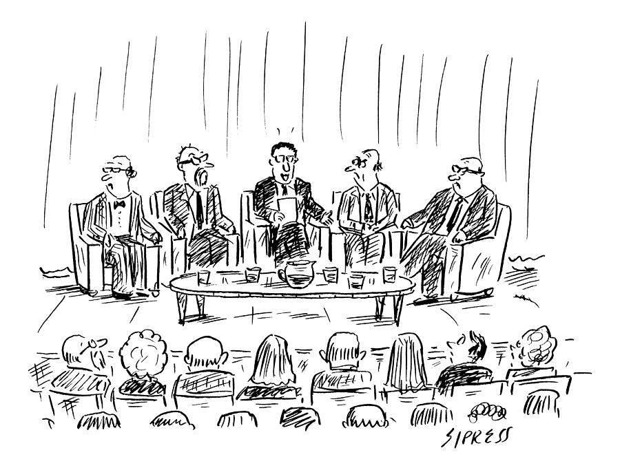 Five Men Sit On A Stage In Front Of An Audience #2 Drawing by David Sipress