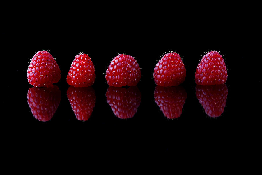 Summer Photograph - Five red raspberries #1 by Ness Welham