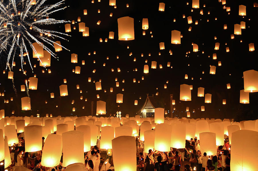 Floating Lanterns  Yi Peng In Thailand #1 Photograph by Nanut Bovorn