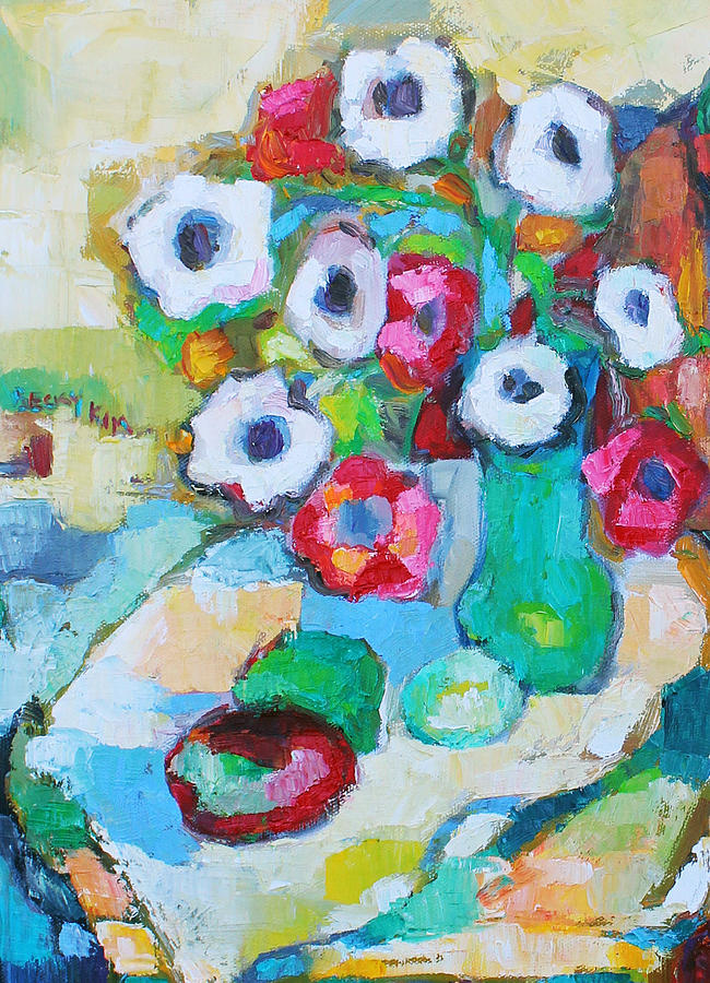 Flowers in Green Vase #1 Painting by Becky Kim