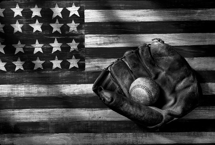 Flag Photograph - Folk art American flag and baseball mitt black and white by Garry Gay