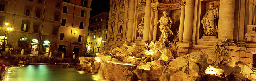 Architecture Photograph - Fountain Lit Up At Night, Trevi #1 by Panoramic Images