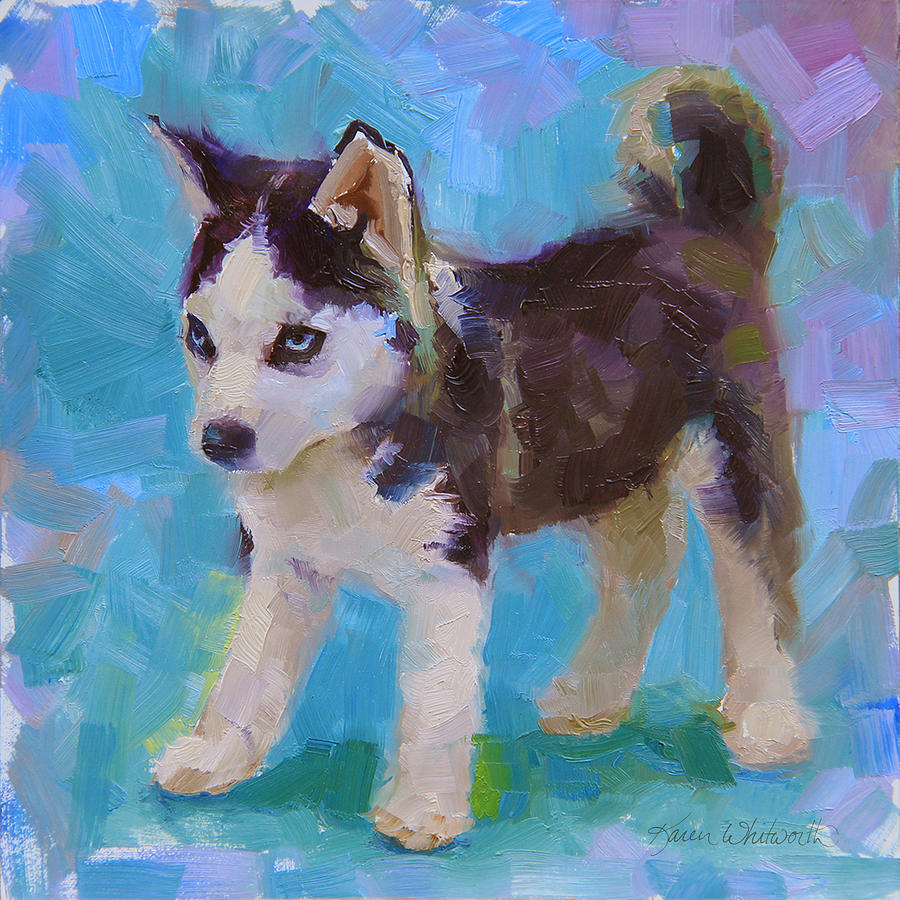 Impressionism Painting - Full Of It - Alaskan Husky Sled Dog Puppy by Karen Whitworth