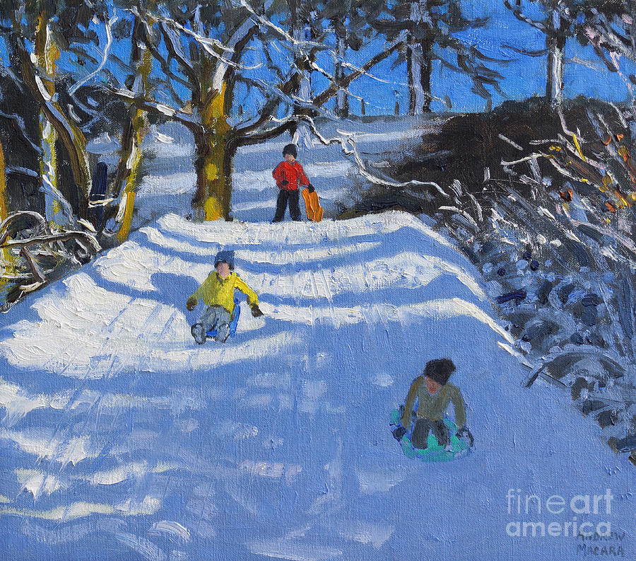 Andrew Macara Painting - Fun in the snow by Andrew Macara