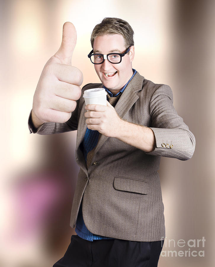 Coffee Photograph - Funny boss giving big thumb up with coffee cup #1 by Jorgo Photography