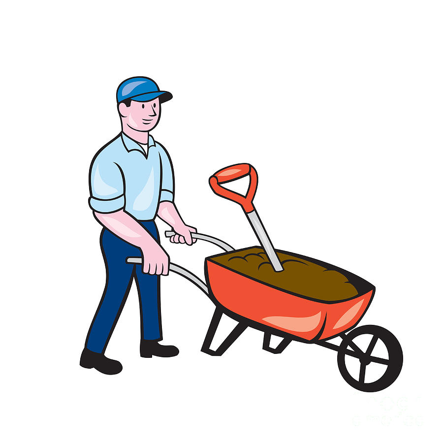 Gardener Pushing Wheelbarrow Cartoon Digital Art by Aloysius Patrimonio