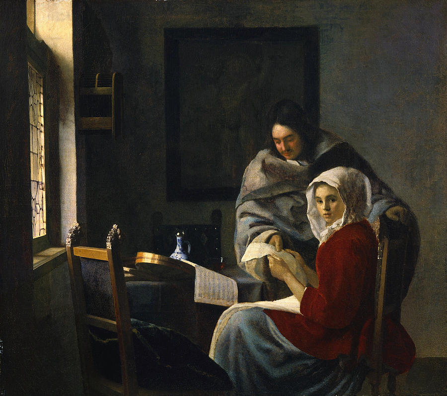 Jan Vermeer Painting - Girl Interrupted at Her Music #1 by Johannes Vermeer