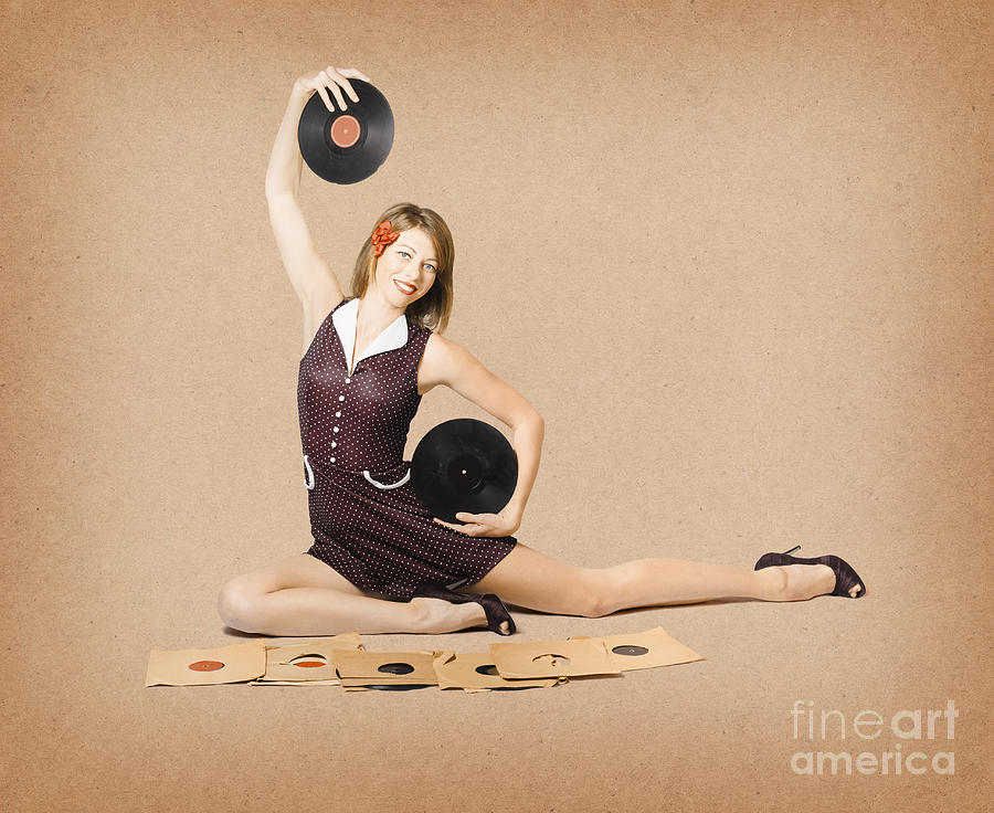 Music Photograph - Glamorous pinup girl holding vinyl LP records #1 by Jorgo Photography