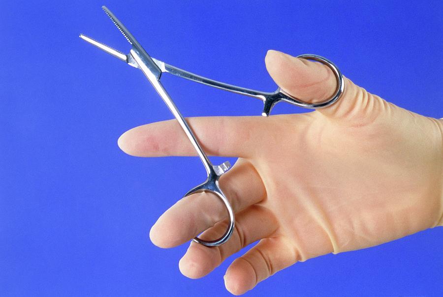 Gloved Hand Holding A Pair Of Scissor Forceps #1 Photograph by Claire Paxton & Jacqui Farrow/science Photo Library