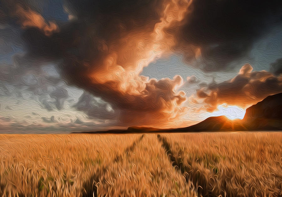 Summer Photograph - Golden wheat field under dramatic stormy sky landscape digital painting #1 by Matthew Gibson
