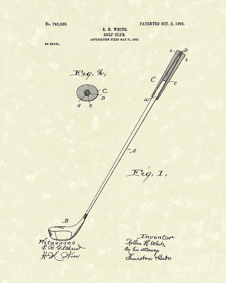 White Drawing - Golf Club 1903 Patent Art #1 by Prior Art Design