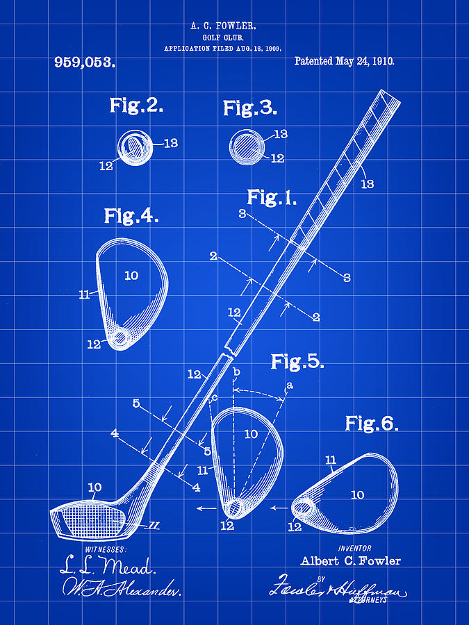 Golf Digital Art - Golf Club Patent 1909 - Blue by Stephen Younts