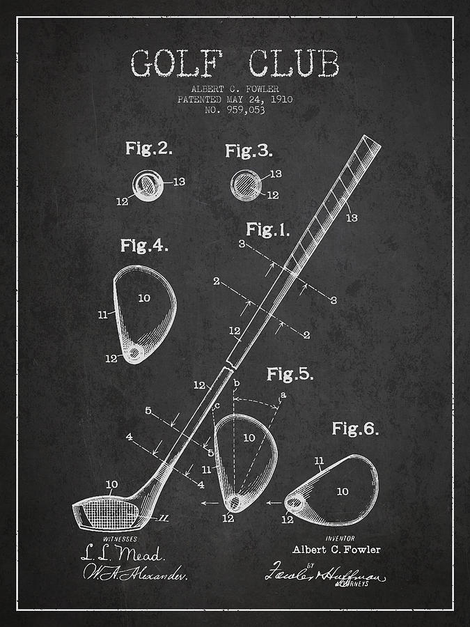 Golf Club Patent Drawing From 1910 Digital Art