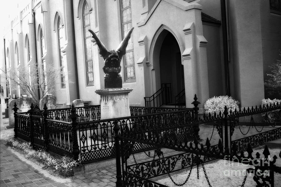Gothic Surreal Church Gargoyle - Surreal Guardian Gargoyle Haunting Spooky Architecture Black Gates #1 Photograph by Kathy Fornal