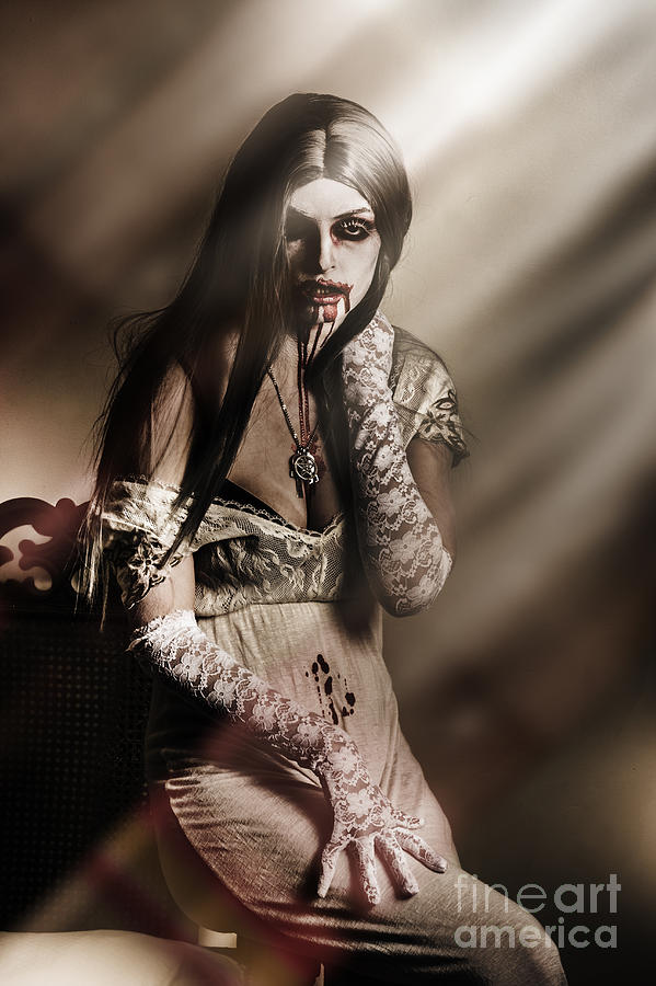 Gothic vampire under window moonlight at halloween #1 Photograph by Jorgo Photography