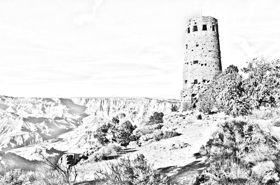 Grand Canyon National Park Mary Colter Designed Desert View Watchtower Black and White Line Art #2 Digital Art by Shawn OBrien
