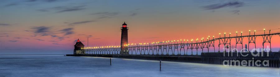 Black And White Photograph - Grand Haven Pier at Sunset #1 by Twenty Two North Photography