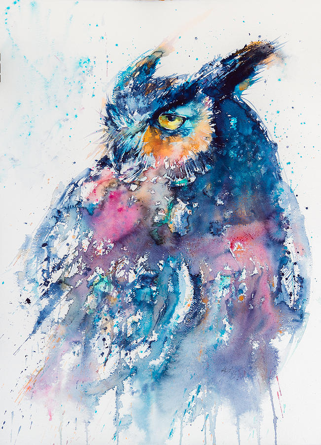 Owl Painting - Great horned owl #1 by Kovacs Anna Brigitta