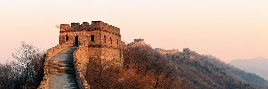 Great Wall sunset panorama #1 Photograph by Songquan Deng