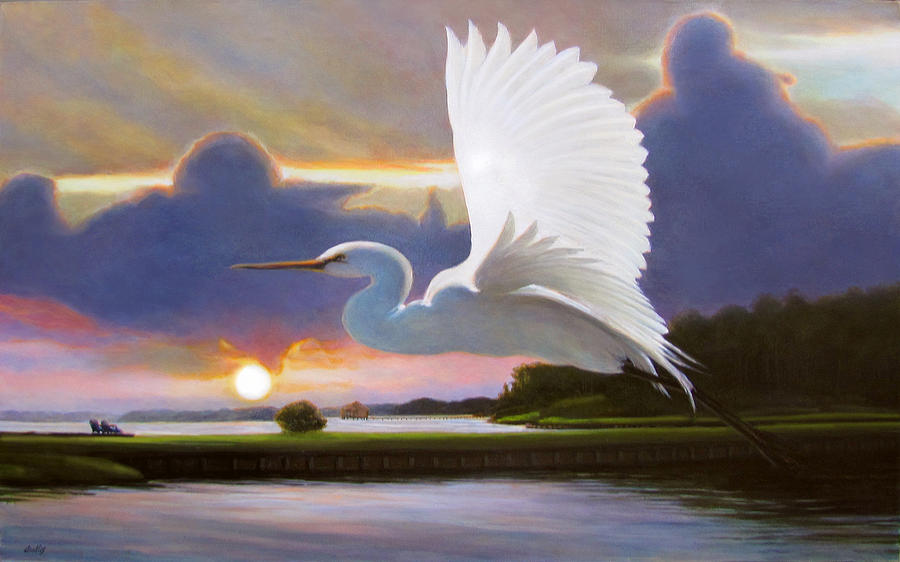 Bird Painting - Great White Egret at Sunrise #2 by Charles Wallis