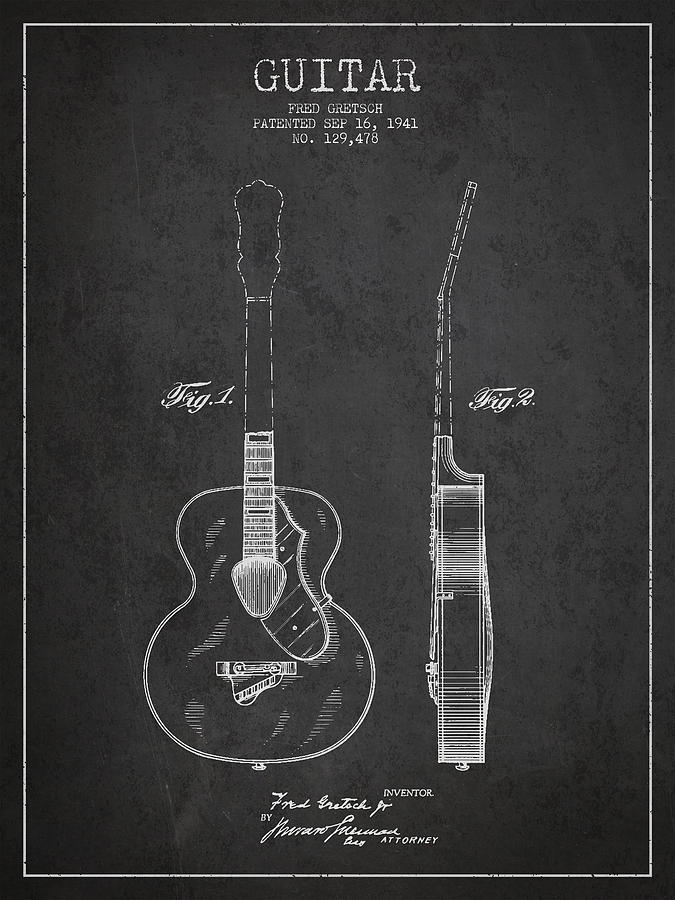 Music Digital Art - Gretsch guitar patent Drawing from 1941 - Dark by Aged Pixel