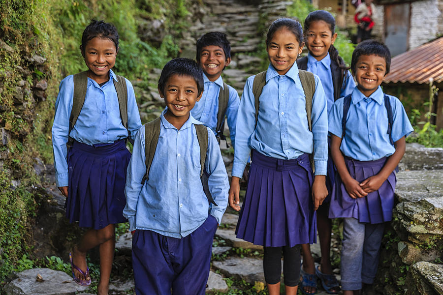 Group of Nepalese school children  in village near Annapurna Range #1 Photograph by Hadynyah