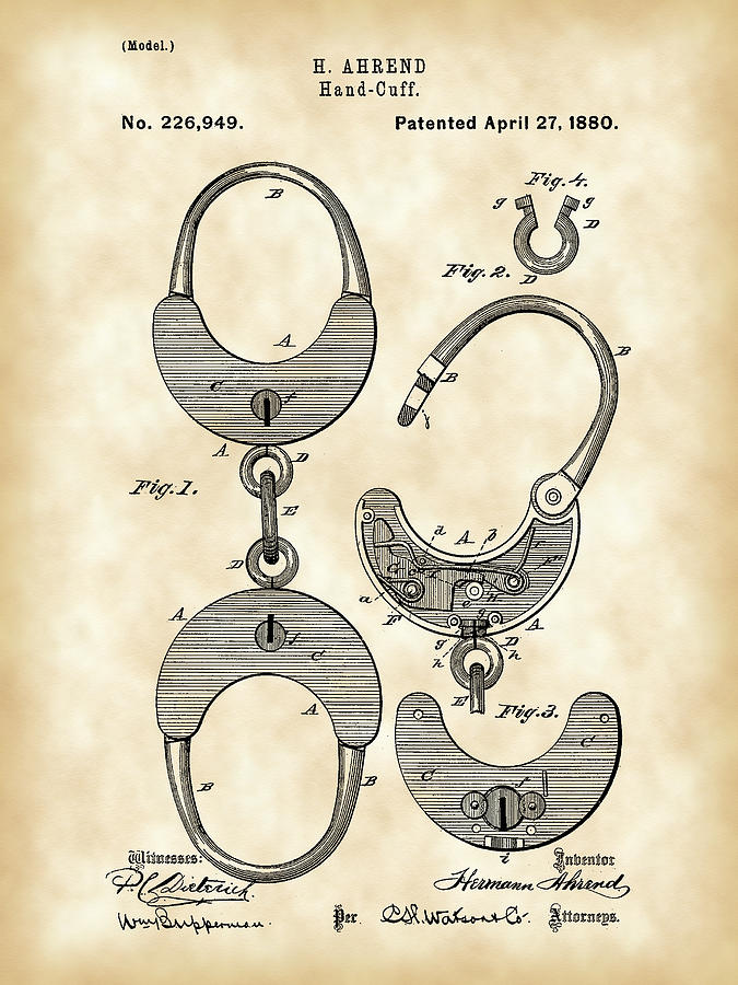 Handcuffs Patent 1880 - Vintage Digital Art by Stephen Younts