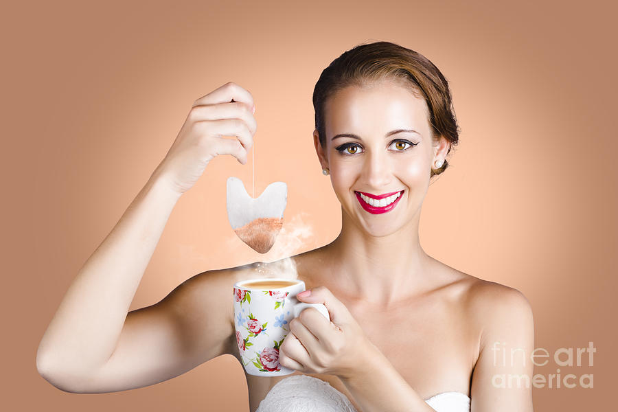 Happy Beautiful Pin Up Girl Drinking Tea Or Coffee Photograph by Jorgo Photography