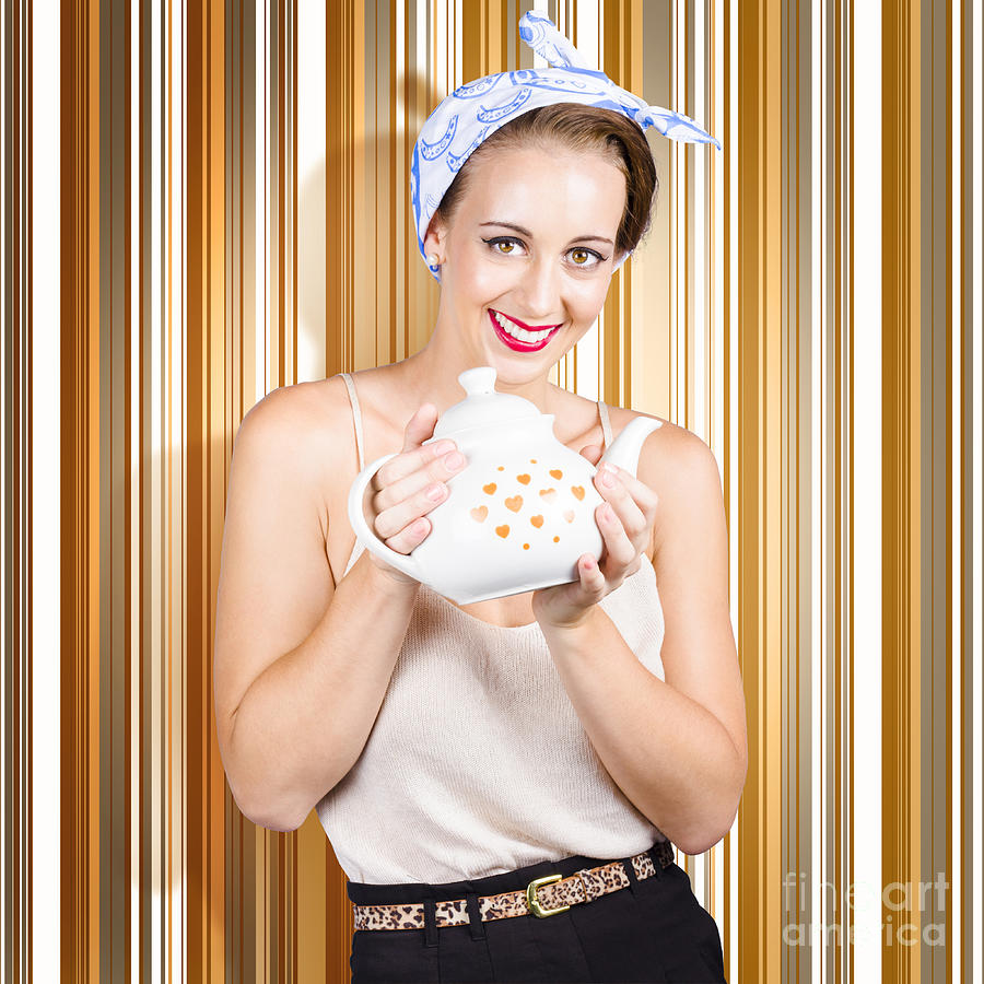 Happy cafe waitress holding hot coffee kettle Photograph by Jorgo Photography