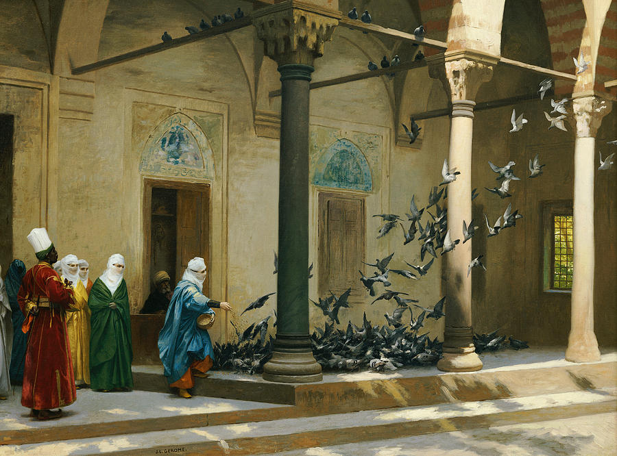 Harem Women Feeding Pigeons in a Courtyard Painting by Jean Leon Gerome
