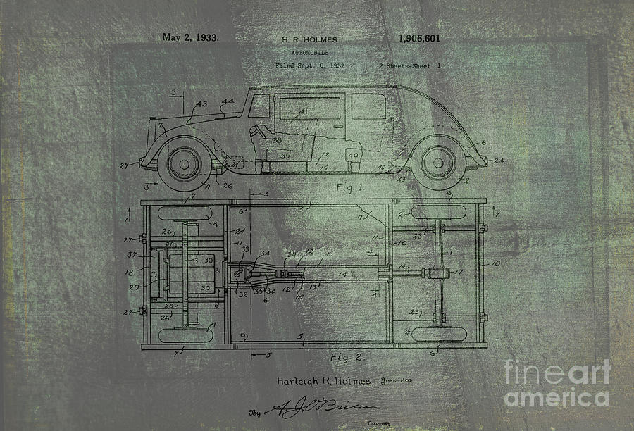 Harleigh Holmes Original Automobile Patent  Drawing by Doc Braham