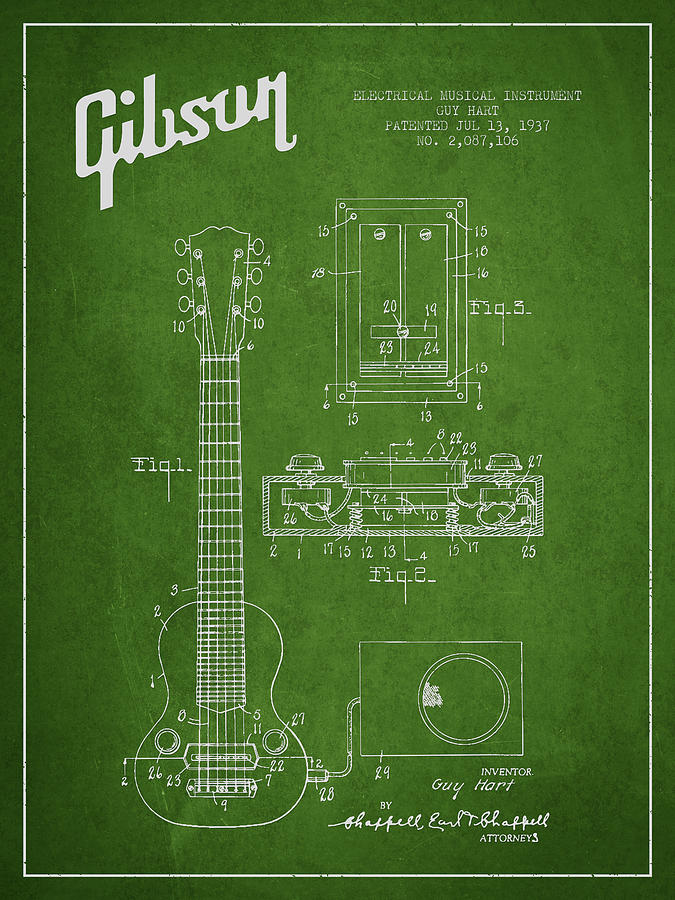 Bass Digital Art - Hart Gibson electrical musical instrument patent Drawing from 19 #4 by Aged Pixel