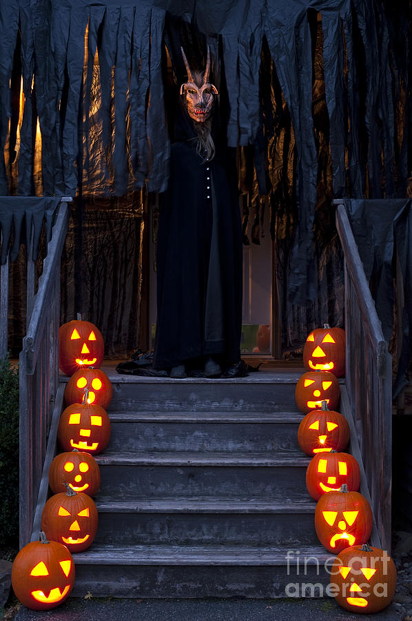 Haunted House with Lit Pumpkins and Demon #2 Photograph by Jim Corwin