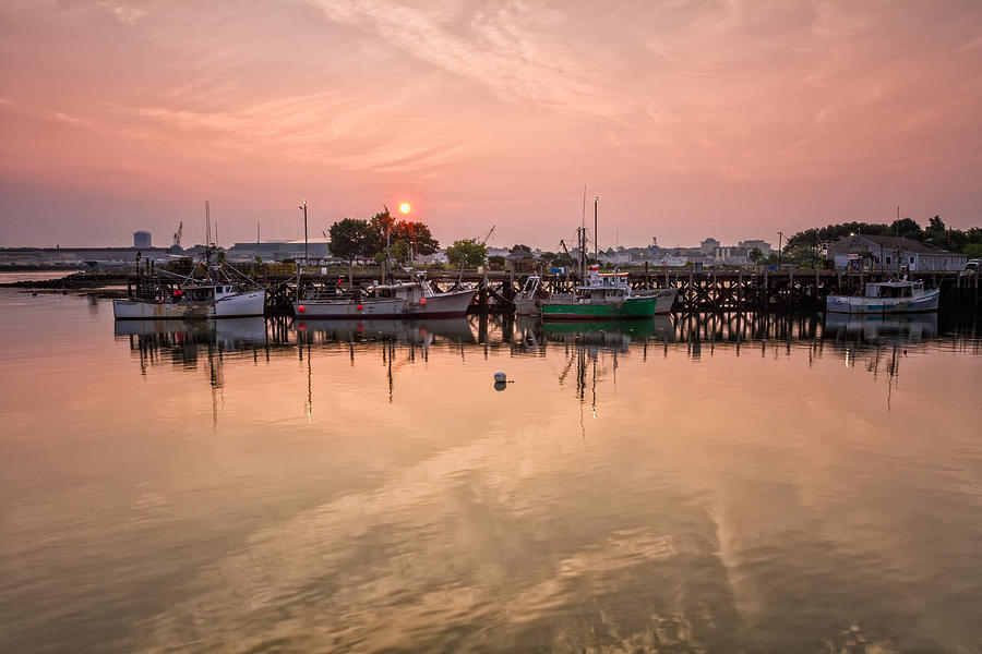 Hazy Sunrise Over The Commercial Pier Portsmouth NH Photograph by Jeff Sinon