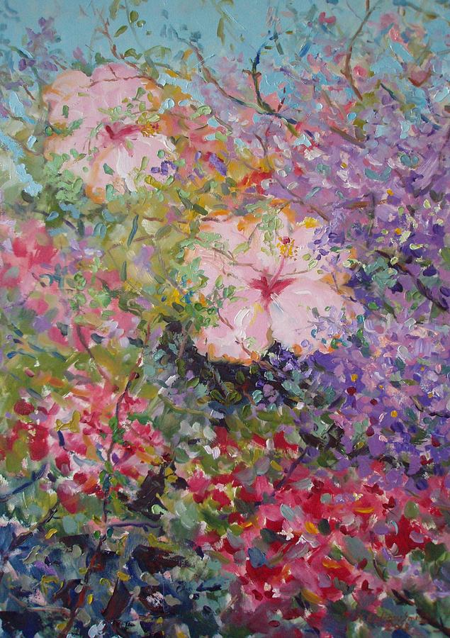Hedge with Hibiscus Painting by Elinor Fletcher