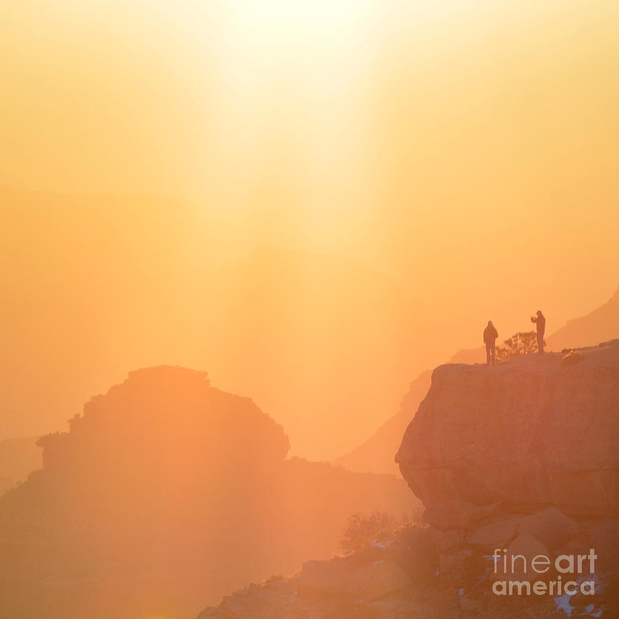 Hikers Bathed in Sunrise Sunrays in Grand Canyon National Park Square #1 Photograph by Shawn OBrien