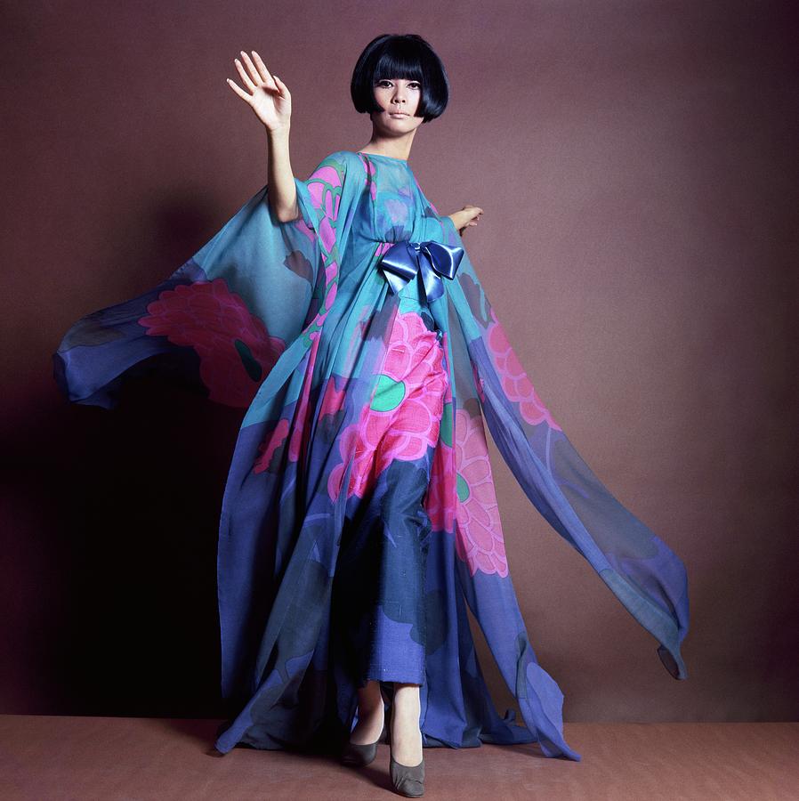 Hiroko Matsumoto Wearing Print Dress #1 Photograph by Horst P. Horst