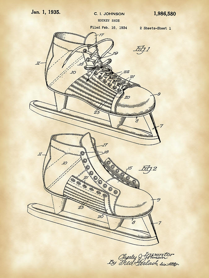 Hockey Shoe Patent 1934 - Vintage Digital Art by Stephen Younts