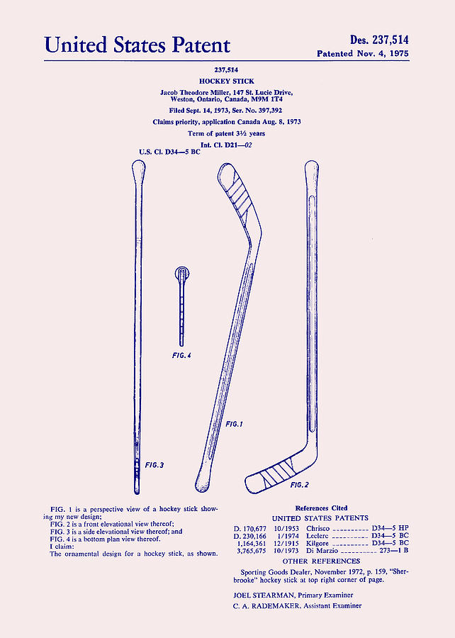 Hockey Stick Patent 1975 #1 Drawing by Mountain Dreams
