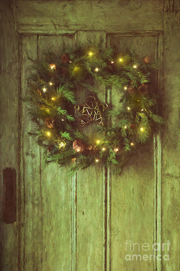 Holiday wreath on wooden door/ digital painting Photograph by Sandra Cunningham