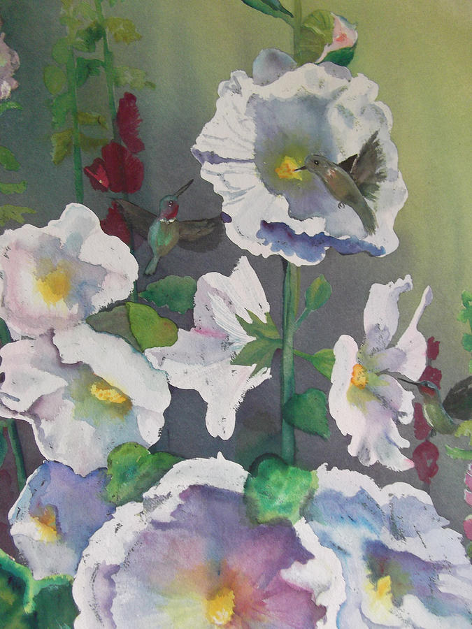 Hollyhocks and Hummers #1 Painting by Mary Gorman