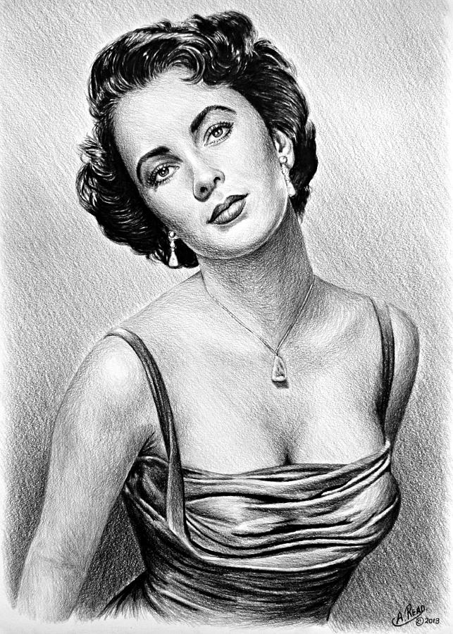 Hollywood Greats  Elizabeth Taylor #3 Drawing by Andrew Read