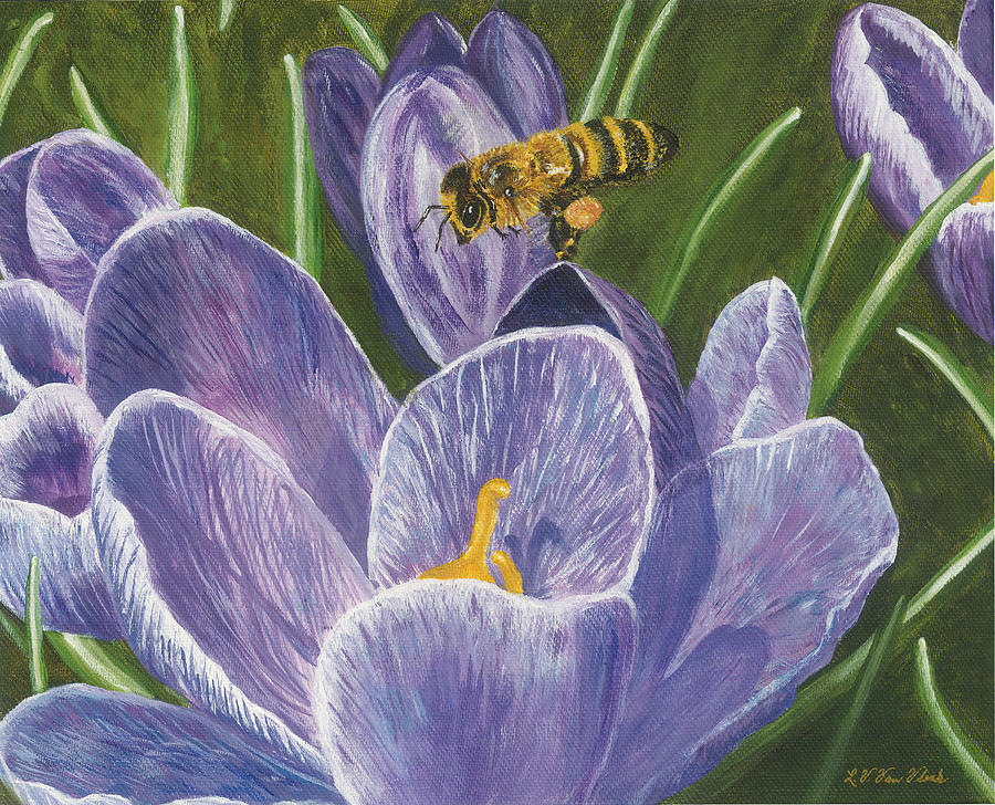 Honeybee Flying Over Crocus #2 Painting by Lucinda VanVleck