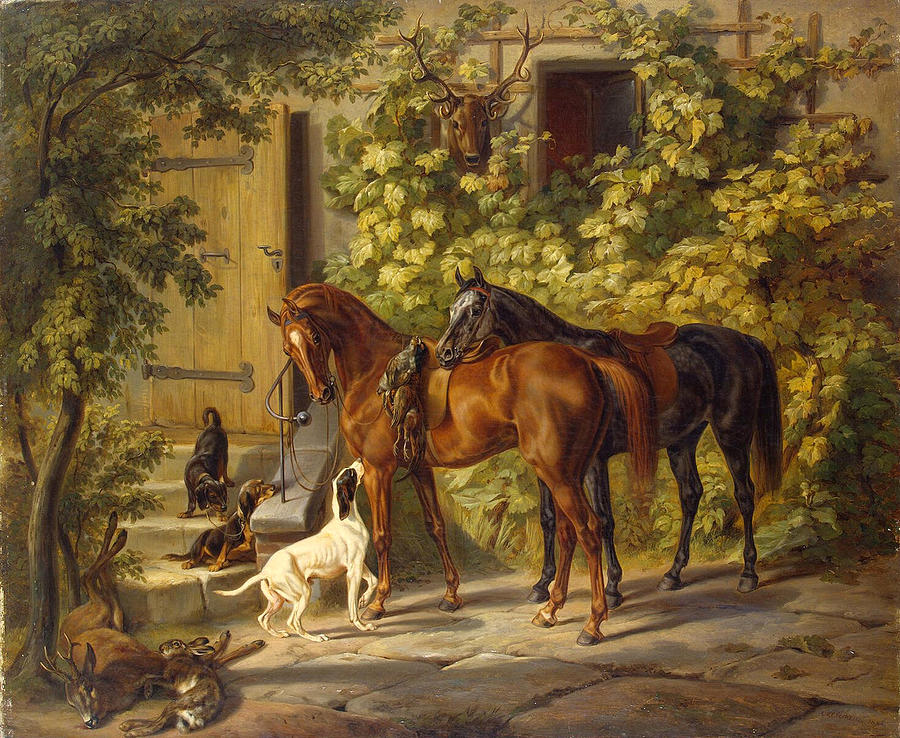 Horses at the Porch #1 Painting by Albrecht Adam