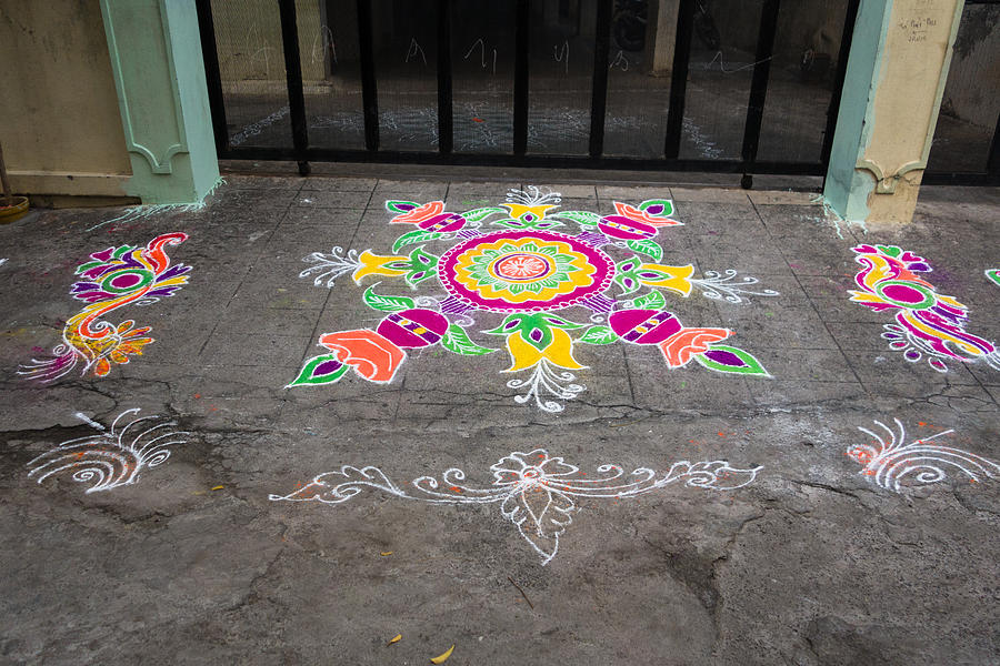HYDERABAD, INDIA - JANUARY 12,2017 Decorative floral patterns known as Rangoli outside a home on Pongal festival in Hyderabad #1 Photograph by Sanjay Borra