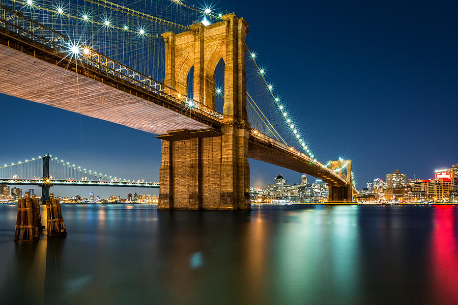 Illuminated Brooklyn Bridge by night #1 Photograph by Mihai Andritoiu