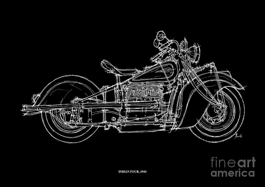 Transportation Drawing - Indian Four 1940 #2 by Drawspots Illustrations