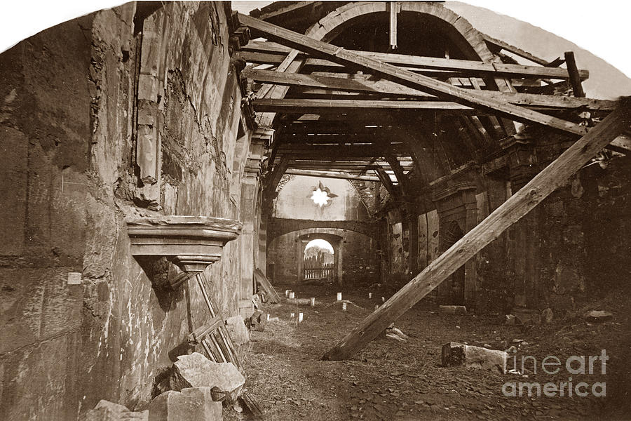 Interior Photograph - Interior of Old Mission Church at Carmel Mission California  circa 1880 by Monterey County Historical Society